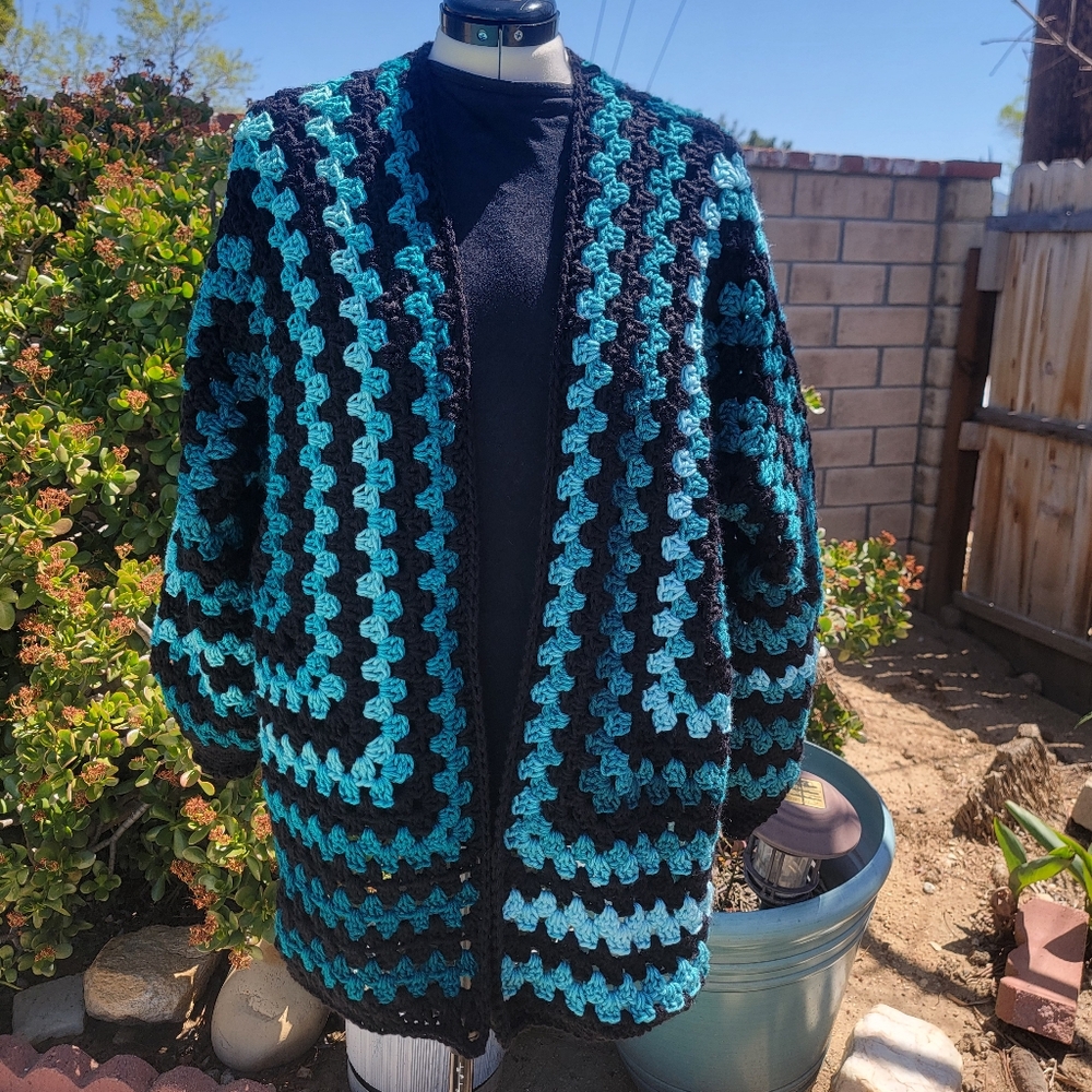 Shades of Teal - Granny stitch hexy cardigan in Teal ombres and Black